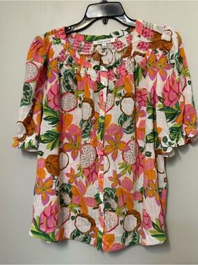 Rose + Olive Blouse Top Sz L Tropical Fruit Floral Puff Sleeve Resort Vacation